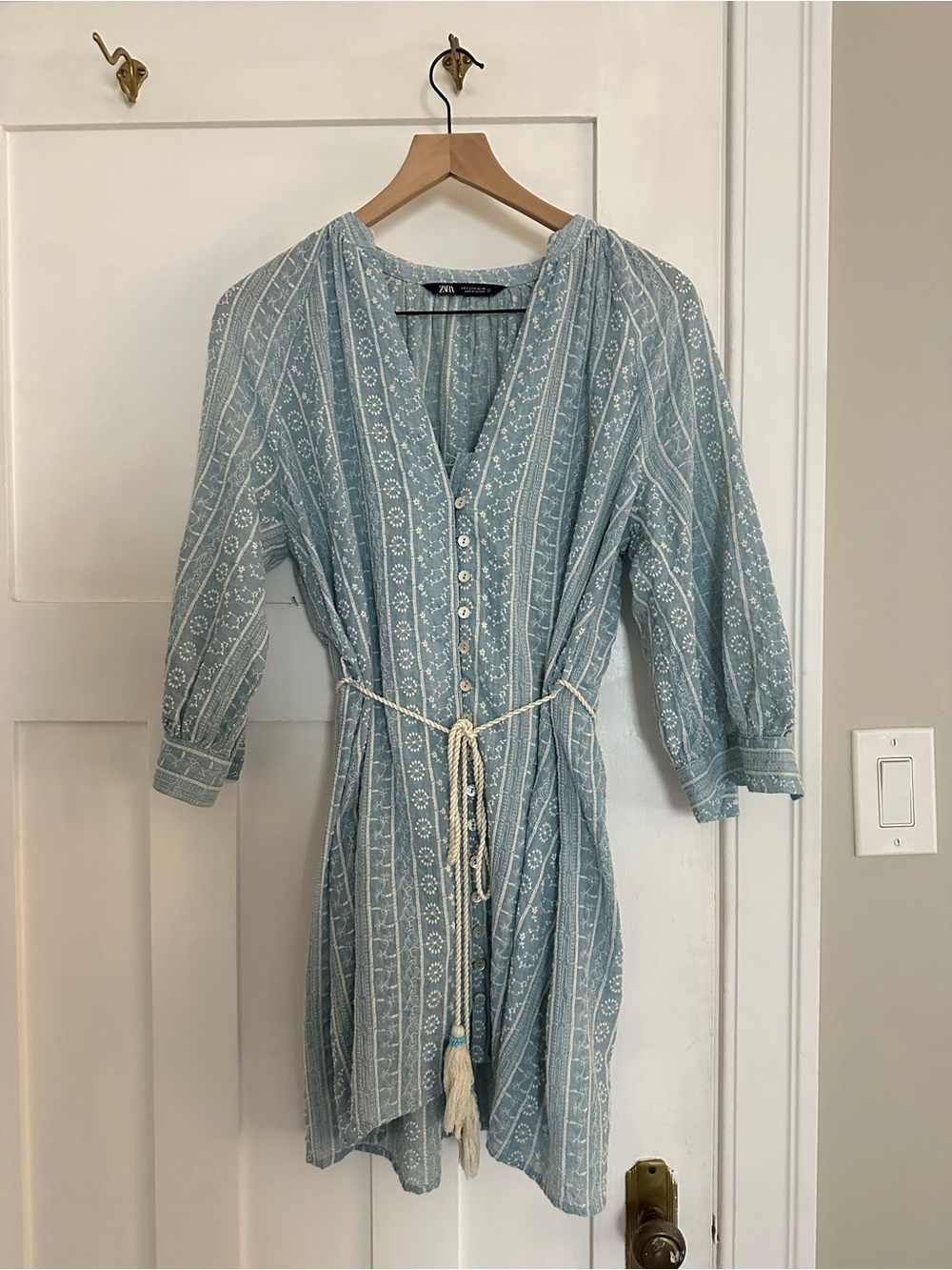 Zara Light Blue & White Patterned Midi Dress with Tassel Tie